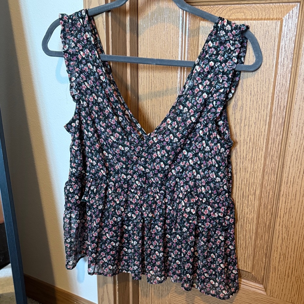 American Eagle Outfitters Floral V-Neck Blouse - Black and Pink